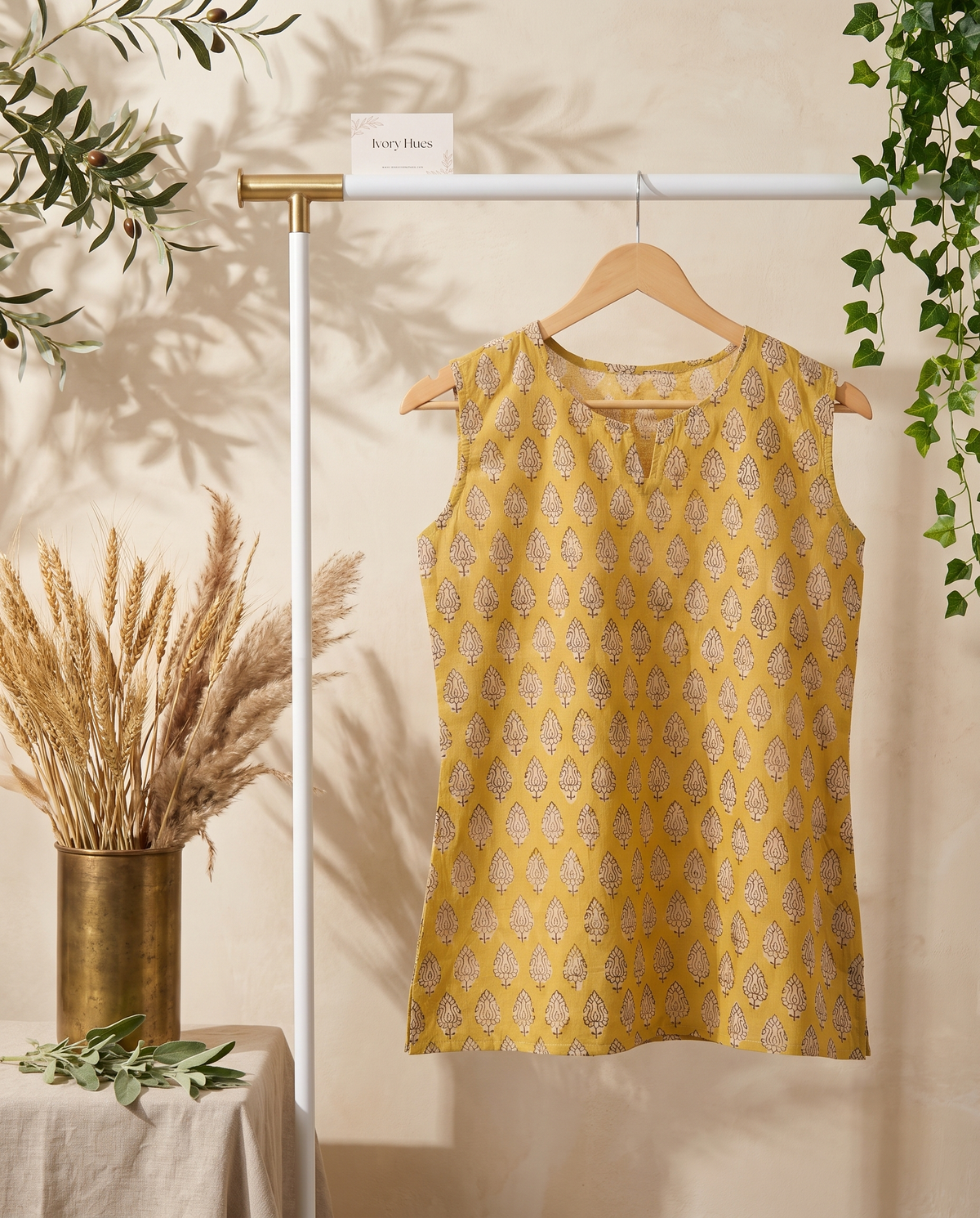 Indira Haldi — yellow cotton top with paisley print — Ivory Hues, Indian ethnic wear Singapore