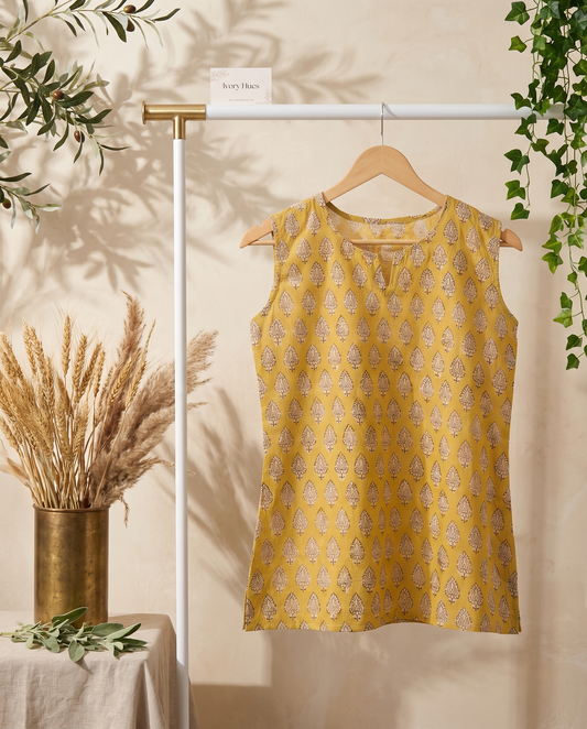 Indira Haldi — yellow cotton top with paisley print — Ivory Hues, Indian ethnic wear Singapore