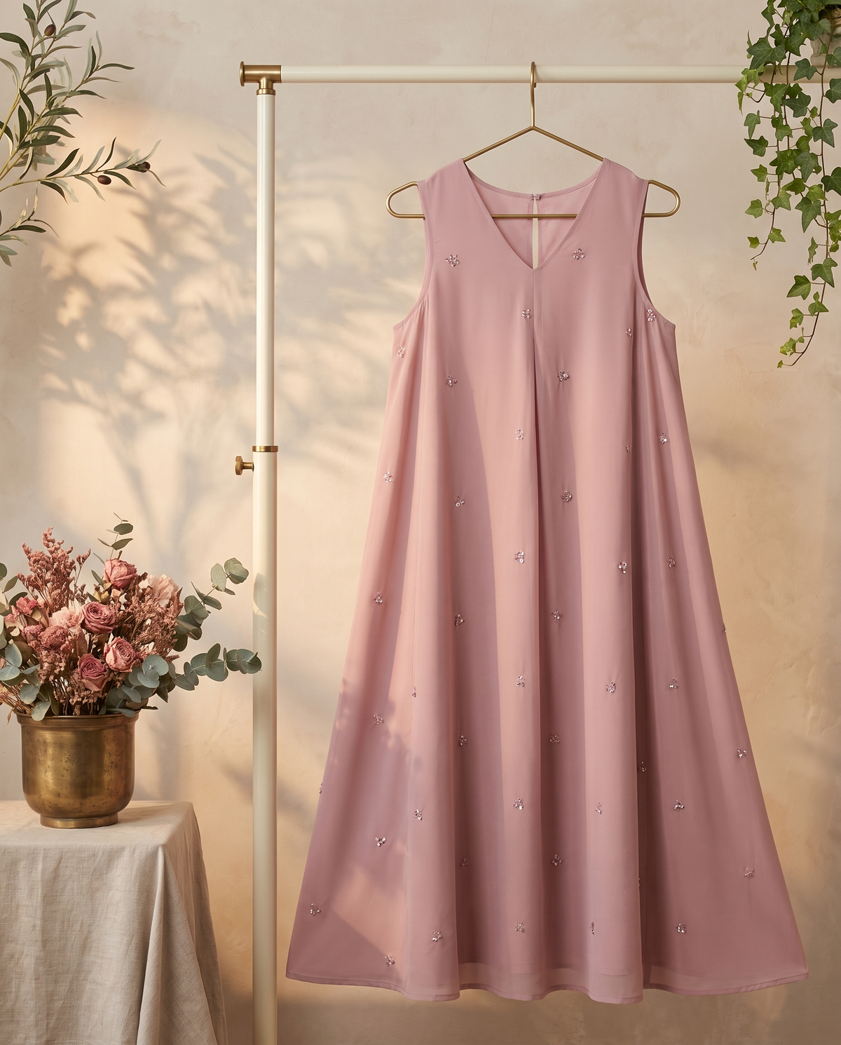 Raahi Adaa — baby pink Mul Chanderi flare dress with V-neckline — Ivory Hues, Indian ethnic wear Singapore