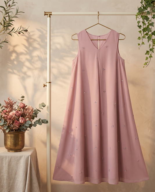 Raahi Adaa — baby pink Mul Chanderi flare dress with V-neckline — Ivory Hues, Indian ethnic wear Singapore