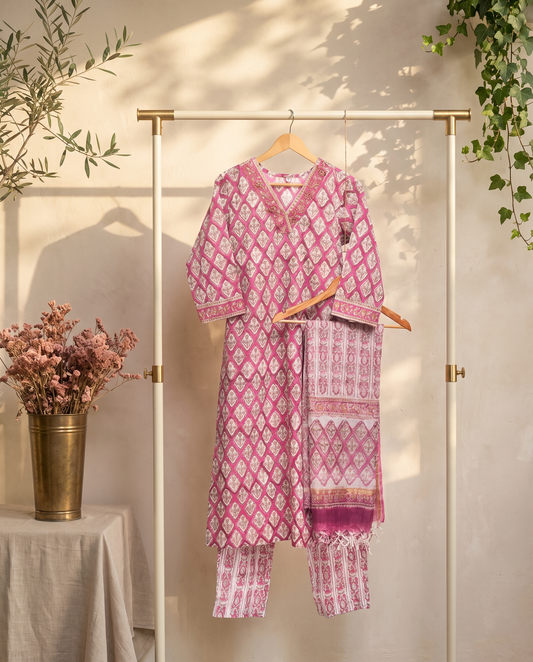 Kota Kainaat Zara — pink Kota doria suit with Mughal-inspired print — Ivory Hues, Indian ethnic wear Singapore