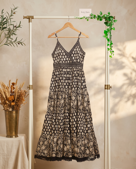 Leher Ayat (Black) — black and beige handblock-print dress, empire-line silhouette — Ivory Hues, Indian ethnic wear Singapore
