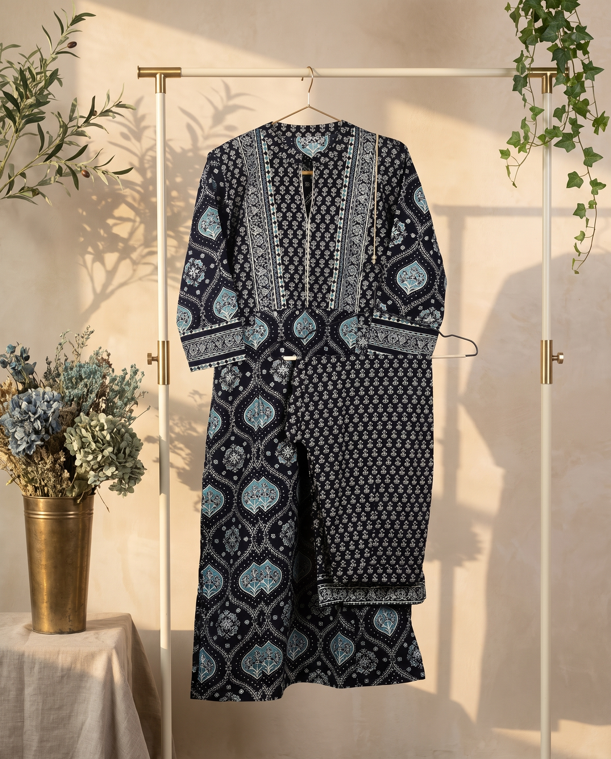 Sunehri Jashn — black and blue Sanganeri-print co-ord set — Ivory Hues, Indian ethnic wear Singapore