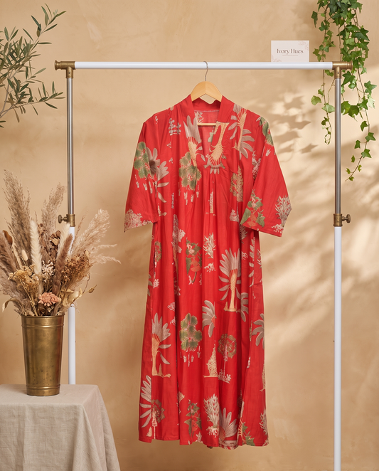 Fiza 2.0 Macaw Red — macaw red breathable cotton dress, relaxed silhouette — Ivory Hues, Indian ethnic wear Singapore