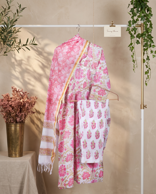 Kota Kainaat Leher — white cotton suit with pink handblock print and Kota doria dupatta — Ivory Hues, Indian ethnic wear Singapore
