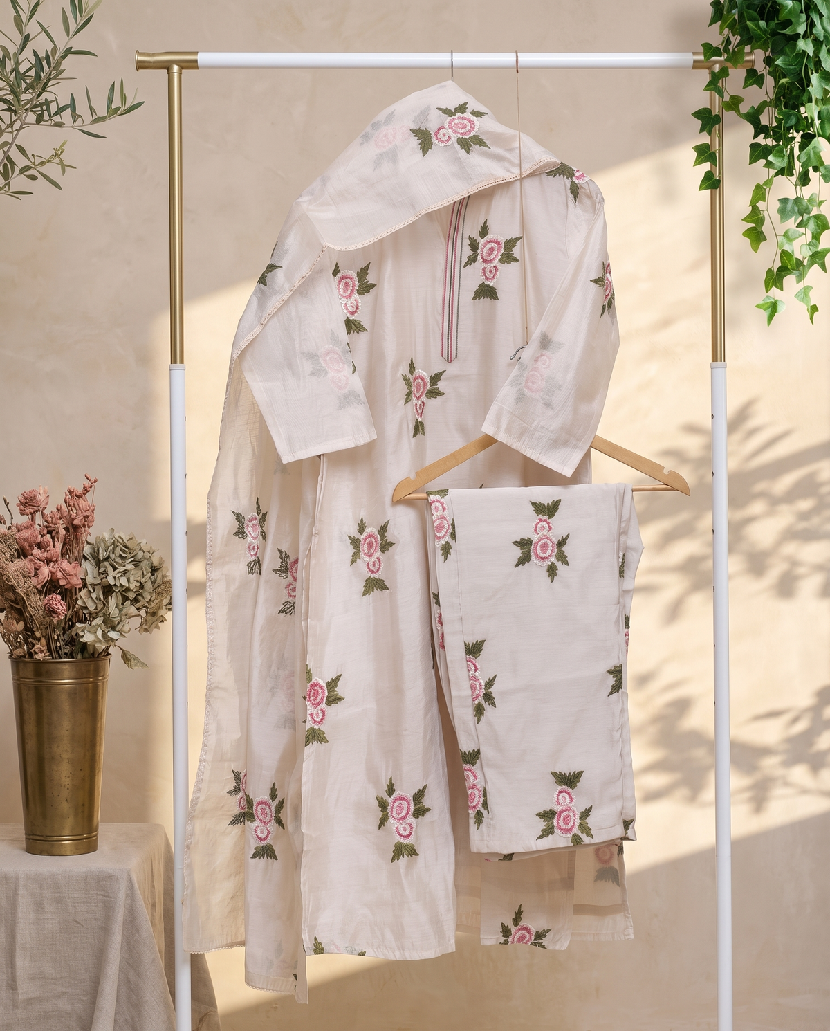 Pichakam — ivory Chanderi suit with pink and white floral thread embroidery — Ivory Hues, Indian ethnic wear Singapore
