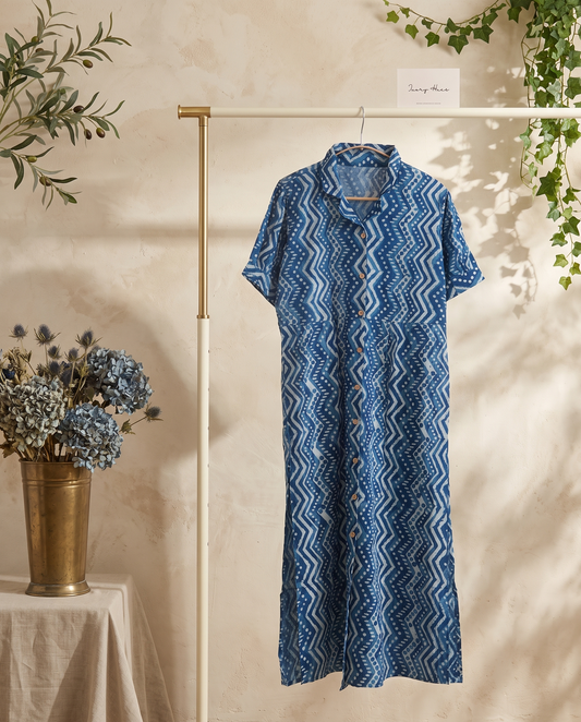 Indigo Shirt Dress — indigo chevron-print shirt dress with side slits — Ivory Hues, Indian ethnic wear Singapore