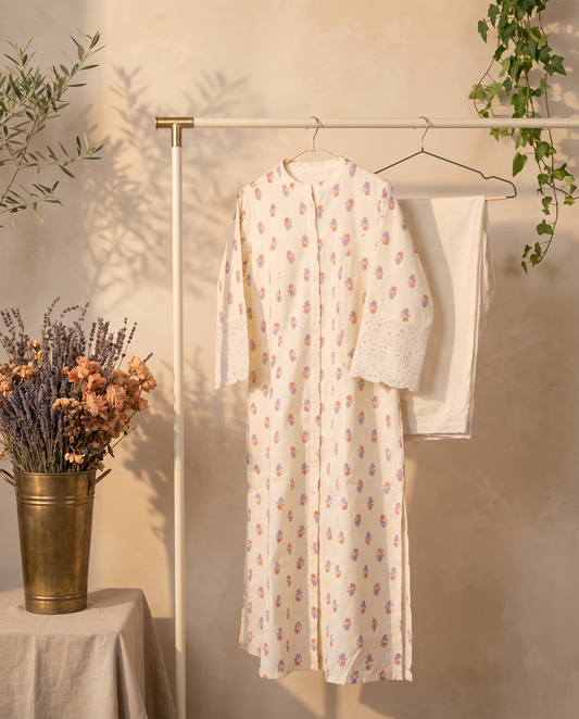 Meher Aira — off-white linen co-ord set with butta print and lace detailing — Ivory Hues, Indian ethnic wear Singapore