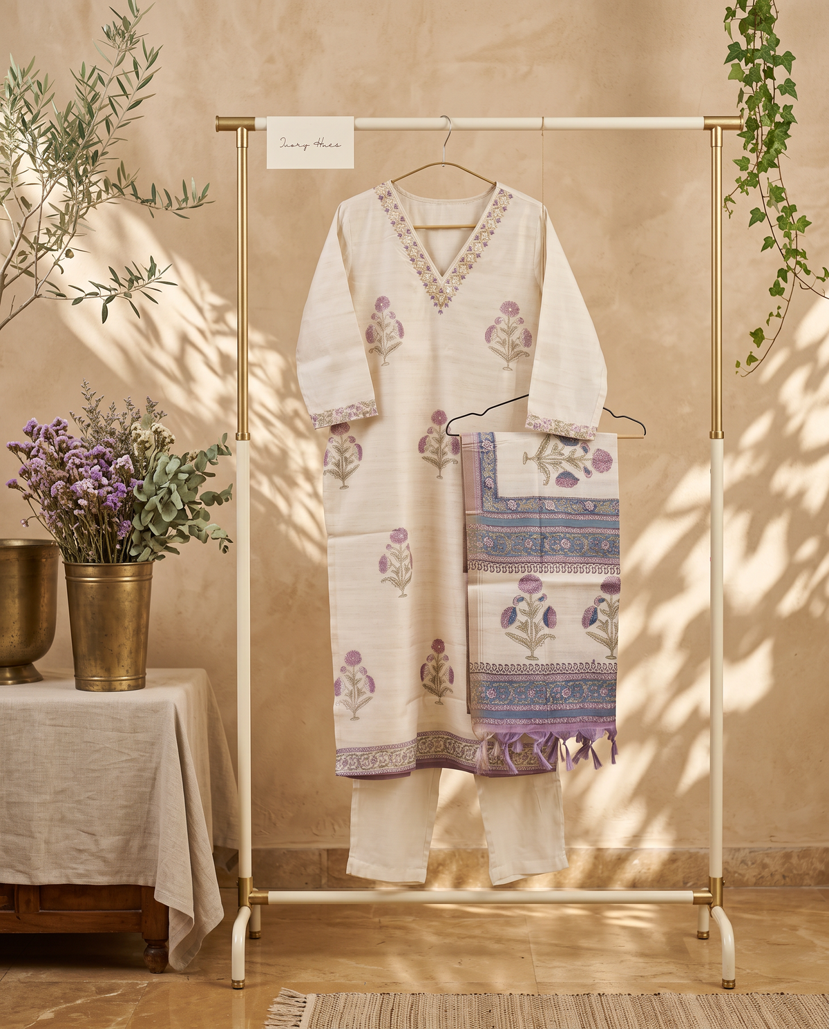 Leela Taara — ivory semi-Tussar suit with lilac Mughal handblock print — Ivory Hues, Indian ethnic wear Singapore