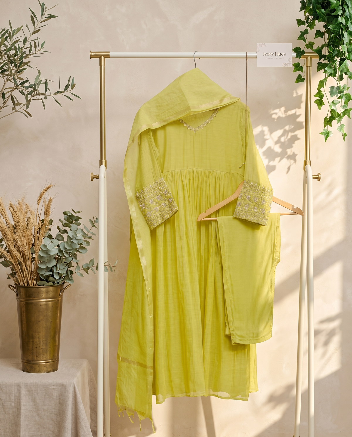 Noor Adaa — lime green mul Chanderi suit with pearl-embroidered neckline — Ivory Hues, Indian ethnic wear Singapore