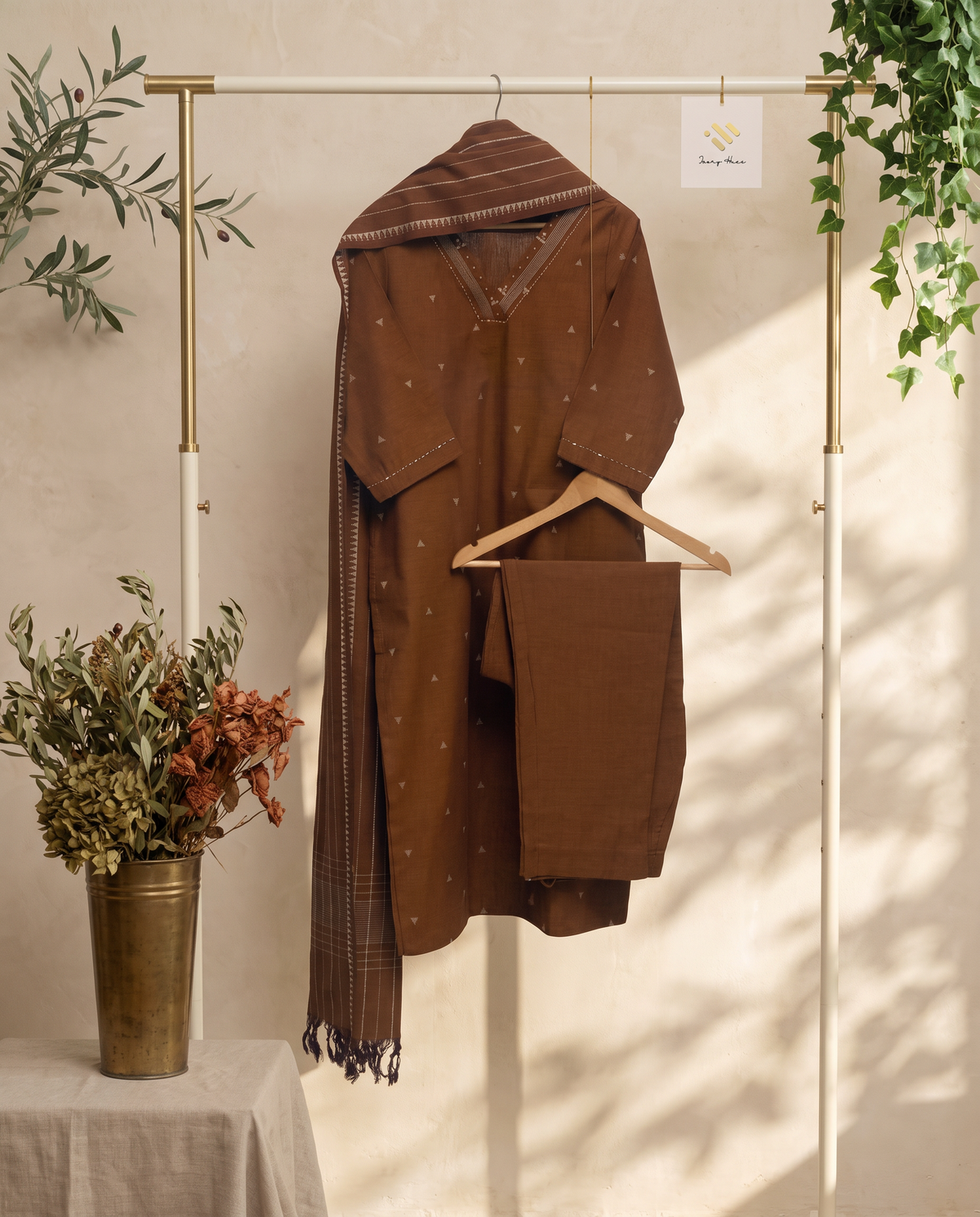 Anokhi Bhoomi — golden-brown handloom cotton suit with woven butta prints — Ivory Hues, Indian ethnic wear Singapore