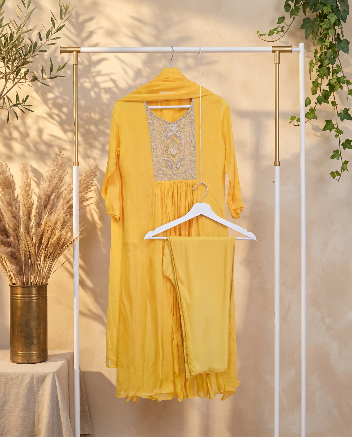 Noor Reya — sunflower yellow mul Chanderi suit with sequin dupatta — Ivory Hues, Indian ethnic wear Singapore