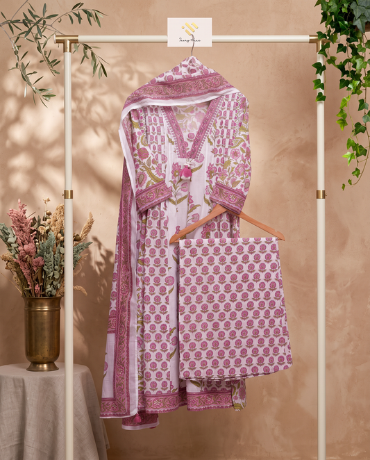 Malhar Megh — white cotton suit with pink and green handblock prints — Ivory Hues, Indian ethnic wear Singapore