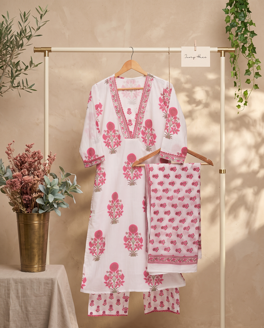 Malhar Raagini — white and pink cotton suit with Mughal handblock prints — Ivory Hues, Indian ethnic wear Singapore