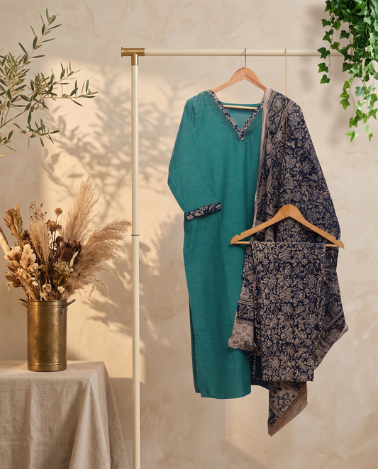 Anokhi Prakriti — sea-green cotton suit with Kalamkari pants and dupatta — Ivory Hues, Indian ethnic wear Singapore