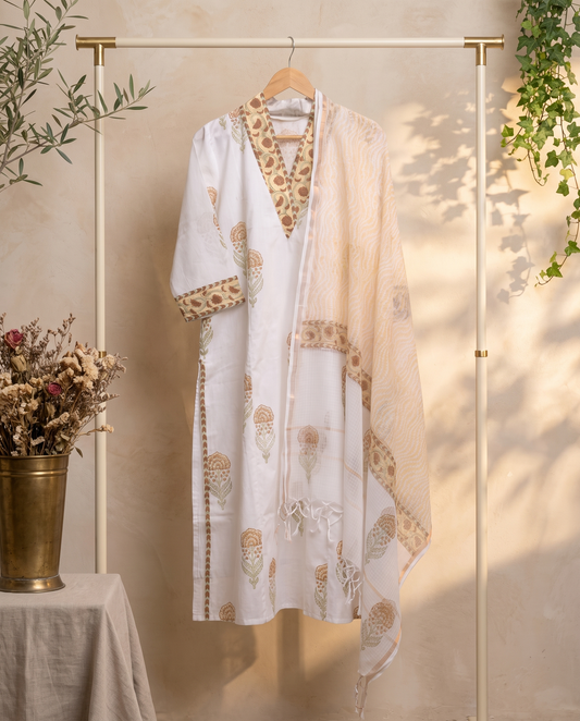 Malhar Megha — cotton suit with handblock borders and Mughal butta prints — Ivory Hues, Indian ethnic wear Singapore