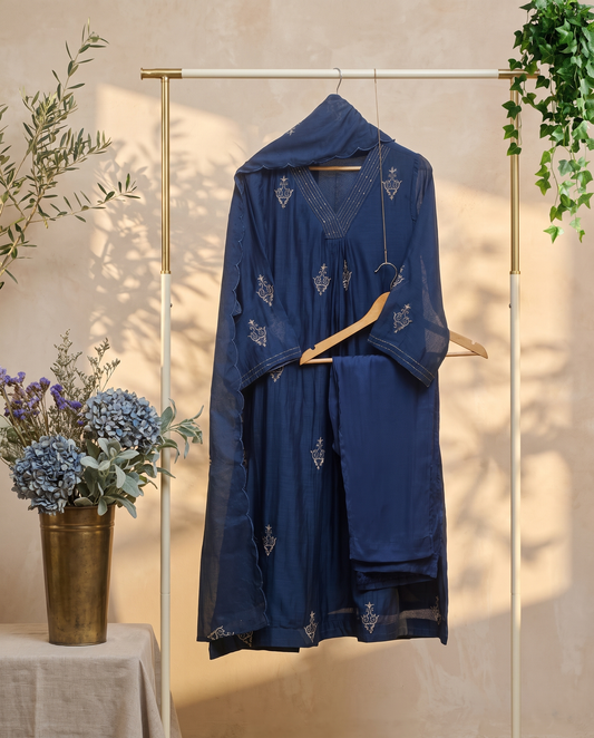 Noor Nazaraa — navy blue mul Chanderi suit with embellished A-line silhouette — Ivory Hues, Indian ethnic wear Singapore
