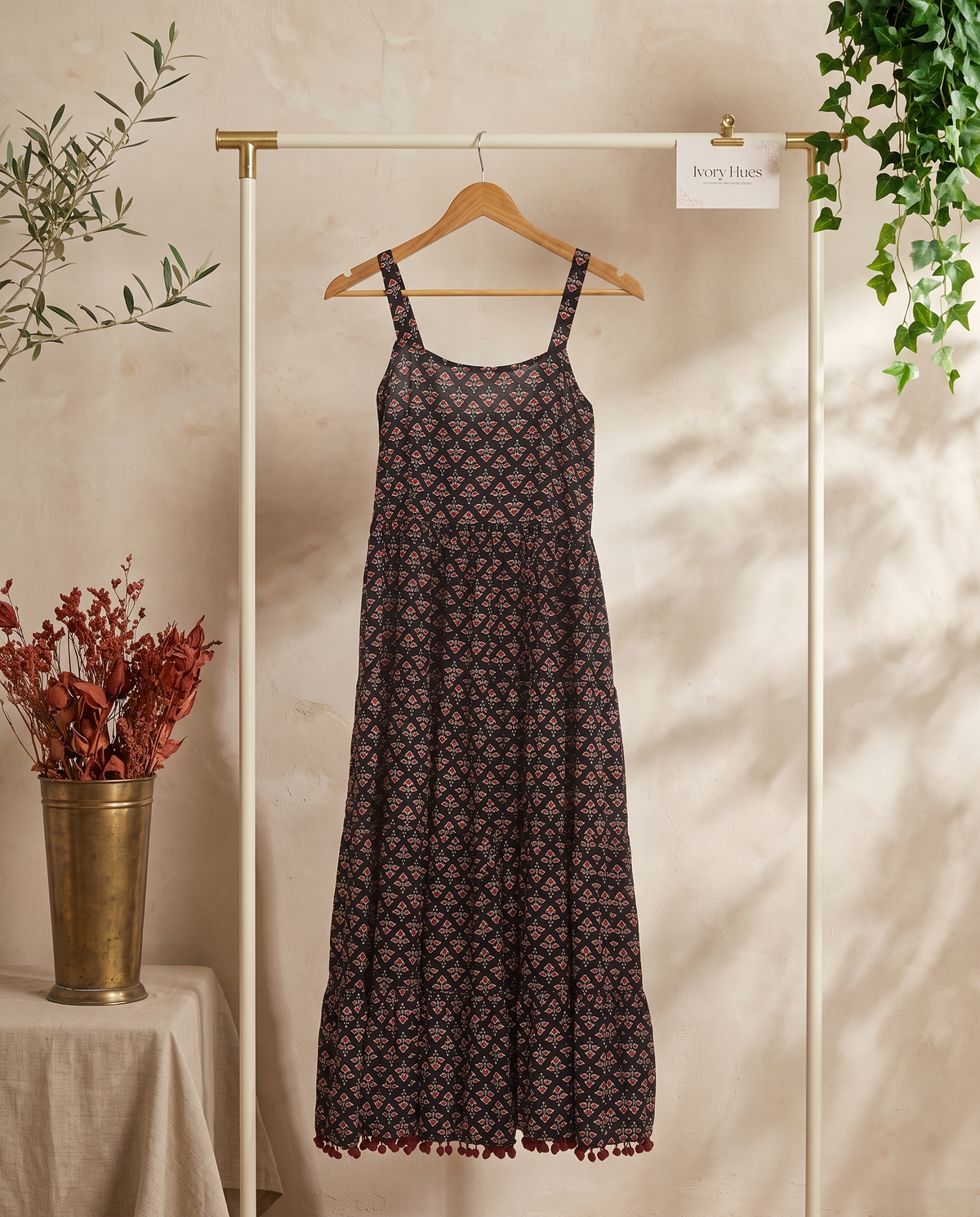 Leher Phool — black dress with rust floral block print and pom-poms — Ivory Hues, Indian ethnic wear Singapore