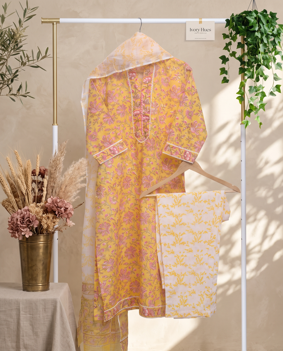 Anokhi Taal — yellow and pink cotton suit with floral handblock prints — Ivory Hues, Indian ethnic wear Singapore