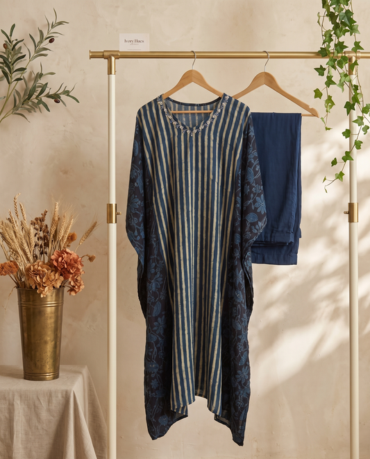 Kaftan Sukoon 01 — indigo blue kaftan co-ord set with striped floral prints — Ivory Hues, Indian ethnic wear Singapore