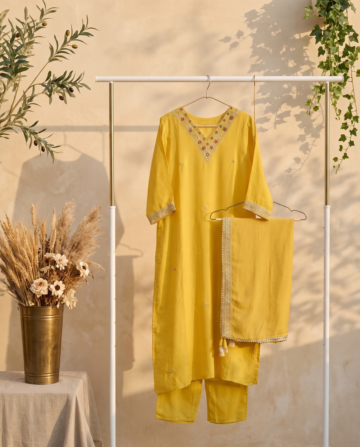Noor Roshni — turmeric yellow shimmer silk suit with embroidered buttas — Ivory Hues, Indian ethnic wear Singapore