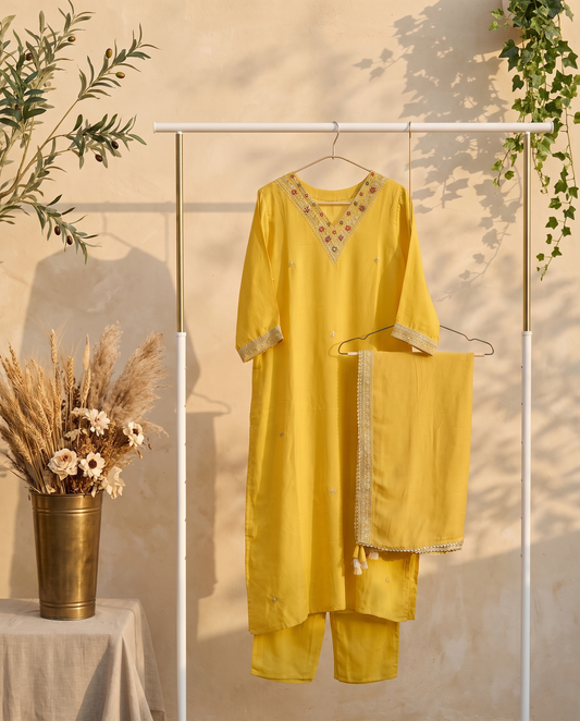 Noor Roshni — turmeric yellow shimmer silk suit with embroidered buttas — Ivory Hues, Indian ethnic wear Singapore