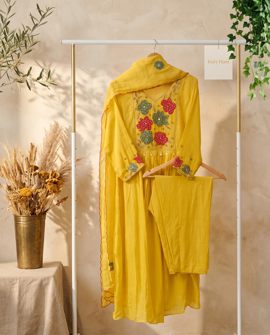 Noor Mehr — yellow mul Chanderi suit with applique embroidery and pearl detail — Ivory Hues, Indian ethnic wear Singapore