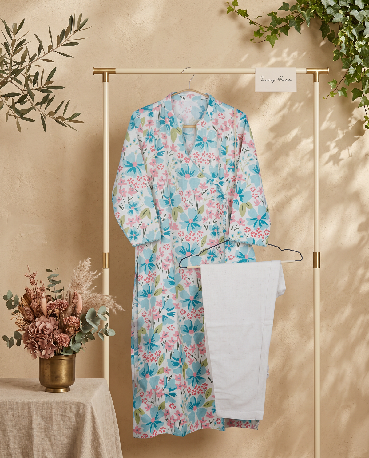 Meher Zara — linen co-ord set with angrakha style and potli buttons — Ivory Hues, Indian ethnic wear Singapore