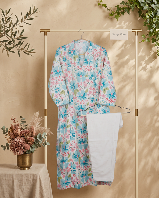 Meher Zara — linen co-ord set with angrakha style and potli buttons — Ivory Hues, Indian ethnic wear Singapore