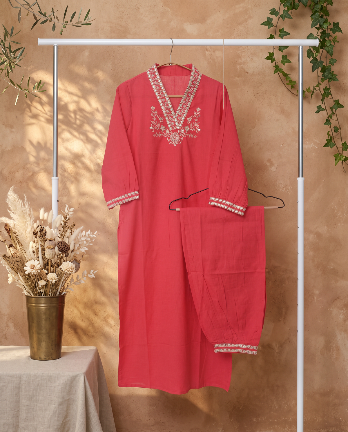 Meher Ranya — coral cotton co-ord set with Afghani-style sleeves and embroidery — Ivory Hues, Indian ethnic wear Singapore