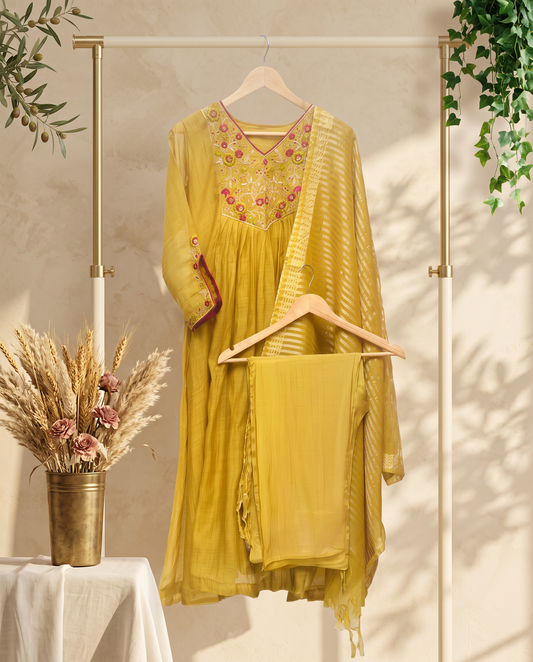 Noor Zahra — mustard mul Chanderi suit with embroidered neckline and zari dupatta — Ivory Hues, Indian ethnic wear Singapore