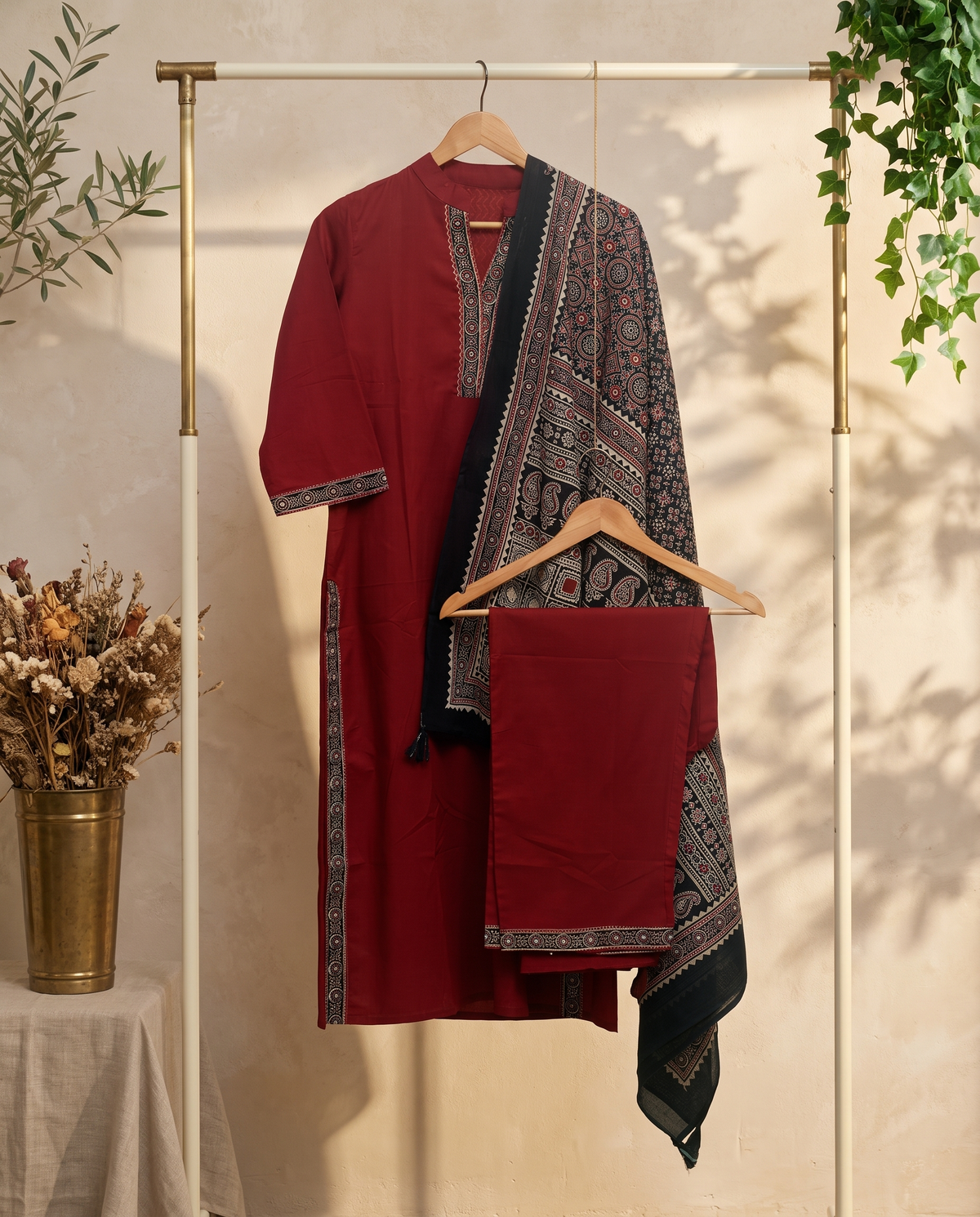 Anokhi Suvarna — deep red cotton suit with black handblock-print yoke — Ivory Hues, Indian ethnic wear Singapore