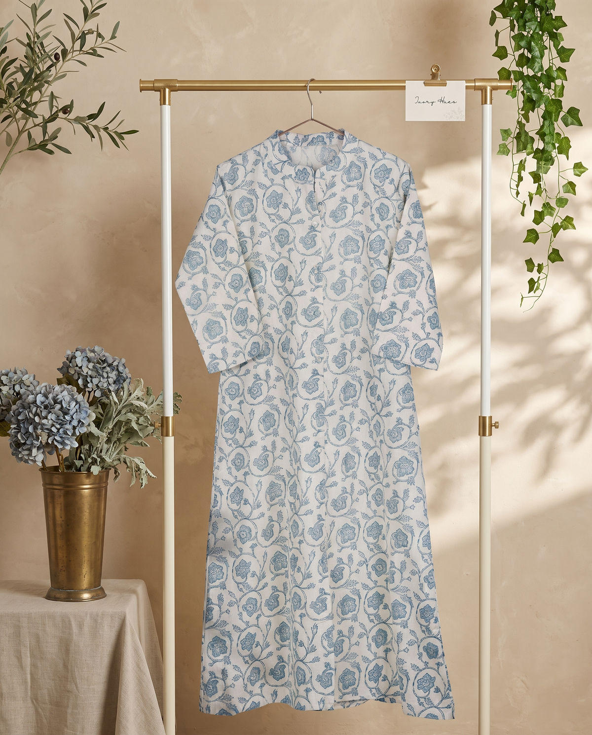 Gulmarg Khushboo — off-white linen kurti with pastel blue handblock print — Ivory Hues, Indian ethnic wear Singapore