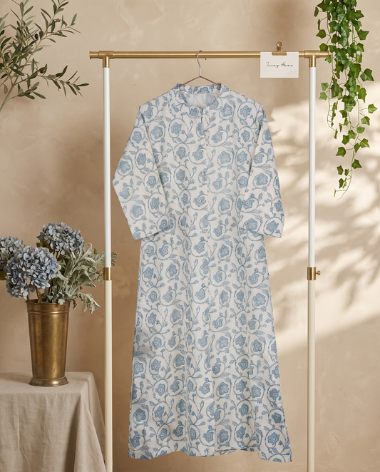 Gulmarg Khushboo — off-white linen kurti with pastel blue handblock print — Ivory Hues, Indian ethnic wear Singapore
