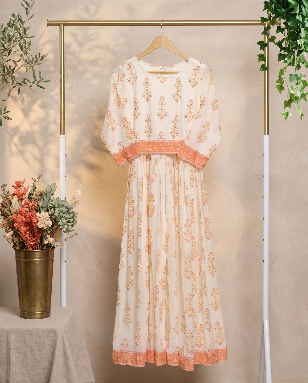 Leher Nargis — cotton jumpsuit with orange handblock print and waist belt — Ivory Hues, Indian ethnic wear Singapore