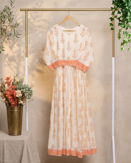 Leher Nargis — cotton jumpsuit with orange handblock print and waist belt — Ivory Hues, Indian ethnic wear Singapore