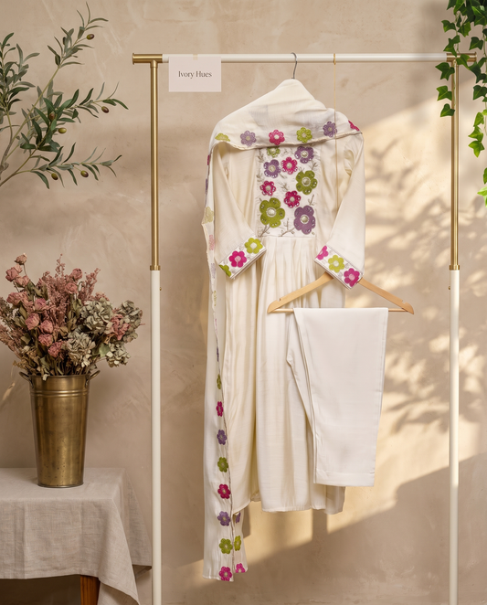 Noor Aria — off-white mul Chanderi suit with colorful floral embroidery — Ivory Hues, Indian ethnic wear Singapore