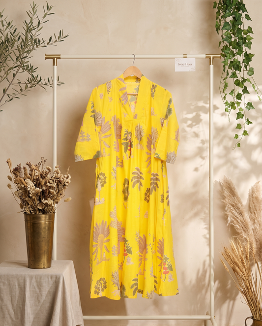 Fiza 2.0 Sunflower Yellow — yellow breathable cotton dress, relaxed silhouette — Ivory Hues, Indian ethnic wear Singapore