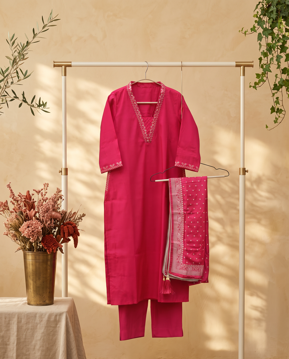 Noor Sham (Red/Pink) — red and pink suit with embroidered neckline and brocade shawl — Ivory Hues, Indian ethnic wear Singapore