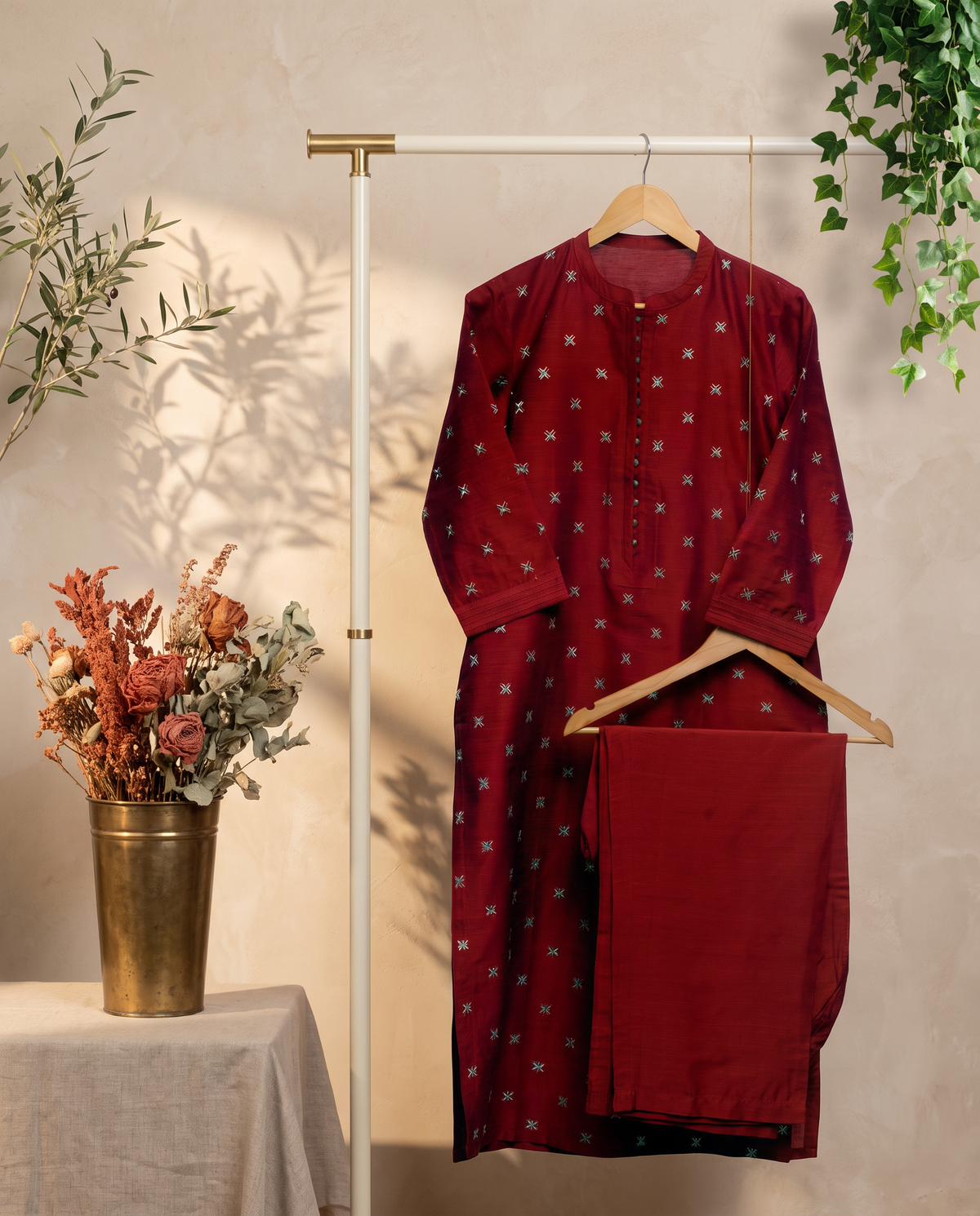Noor Anaya — red-maroon raw silk co-ord set, embroidered all over — Ivory Hues, Indian ethnic wear Singapore