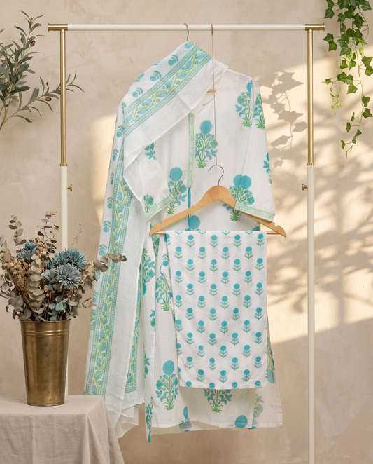 Malhar Saawan — white cotton suit with blue and green Mughal handblock prints — Ivory Hues, Indian ethnic wear Singapore