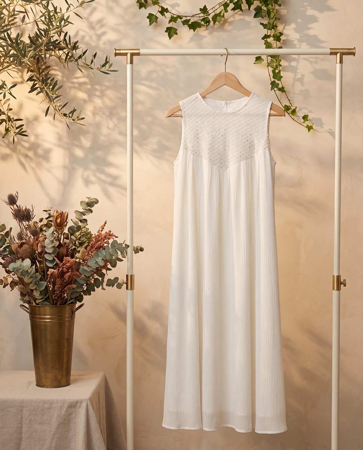 Raahi Ishq — white crushed cotton dress with embellished georgette yoke — Ivory Hues, Indian ethnic wear Singapore