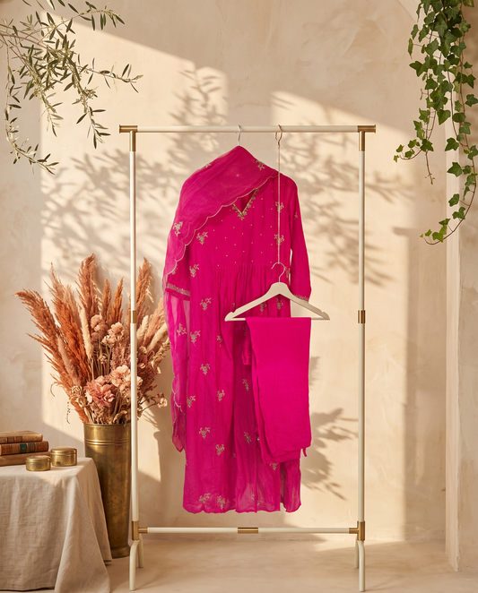 Noor Ishq — rani pink mul Chanderi suit with embroidered neckline and sleeves — Ivory Hues, Indian ethnic wear Singapore
