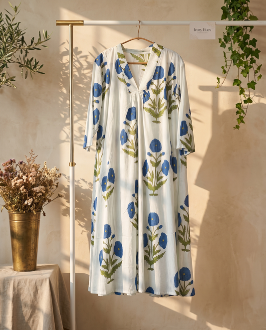 Fiza 3.0 Dark Blue Poppy — dark blue poppy-print cotton dress with V-neckline — Ivory Hues, Indian ethnic wear Singapore