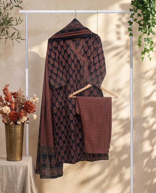 Sunehri Kanak — red and black handblock-print suit with angrakha silhouette — Ivory Hues, Indian ethnic wear Singapore