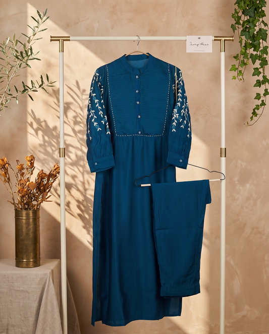 Meher Dhara — deep sea blue glazed cotton co-ord set with sleeve embroidery — Ivory Hues, Indian ethnic wear Singapore