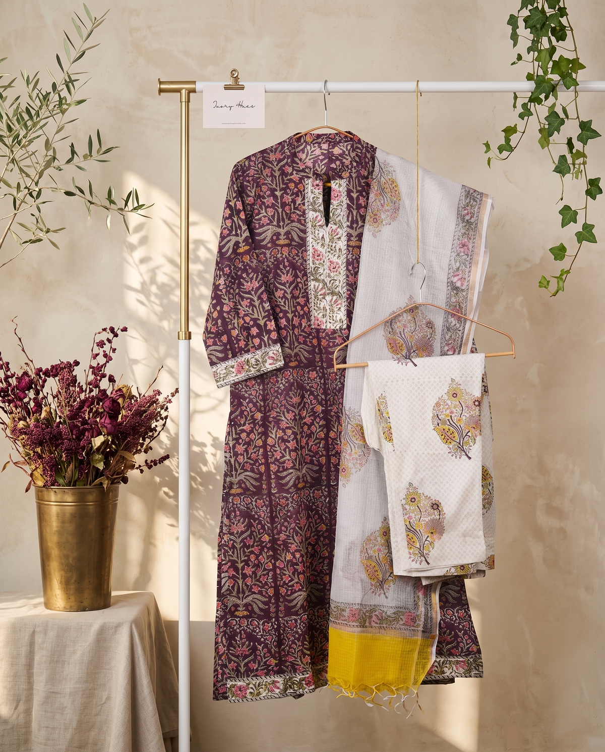 Kota Kainaat Falak — purple aubergine handblock-print suit with Kota doria dupatta — Ivory Hues, Indian ethnic wear Singapore