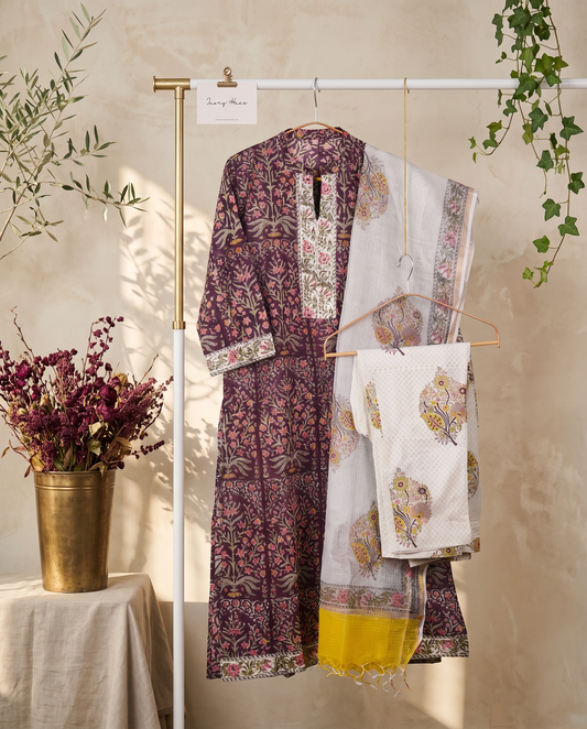 Kota Kainaat Falak — purple aubergine handblock-print suit with Kota doria dupatta — Ivory Hues, Indian ethnic wear Singapore