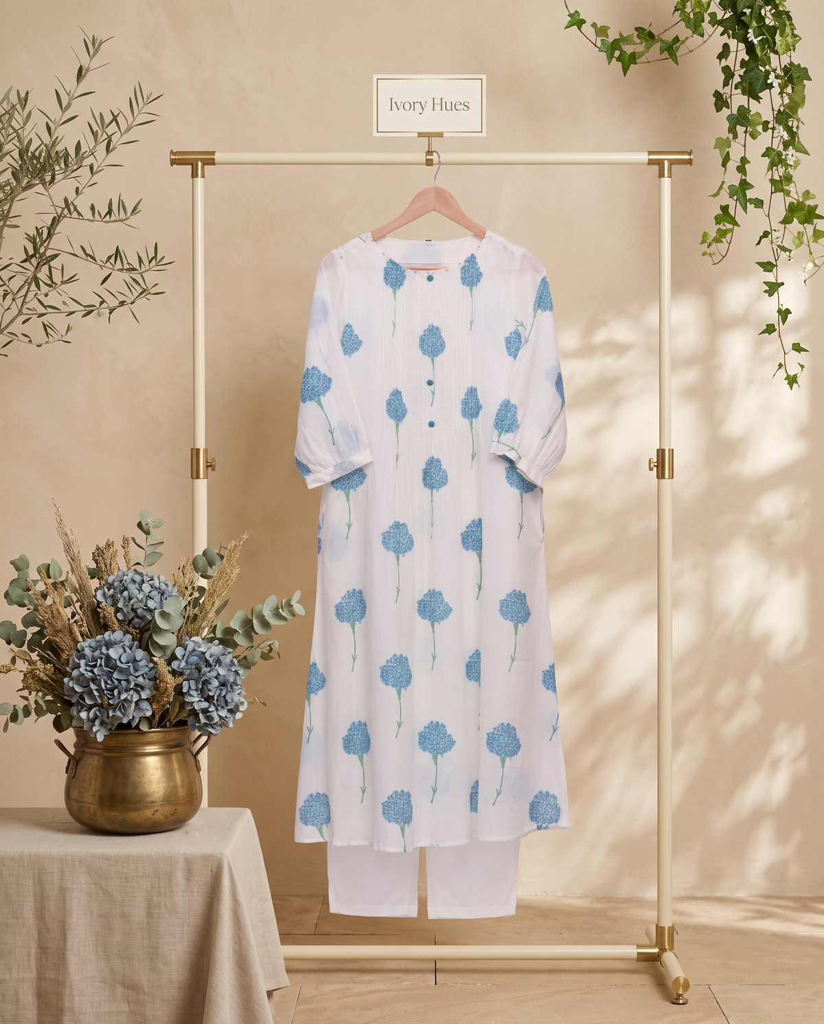 Meher Ziya — white cotton co-ord set with blue floral print — Ivory Hues, Indian ethnic wear Singapore