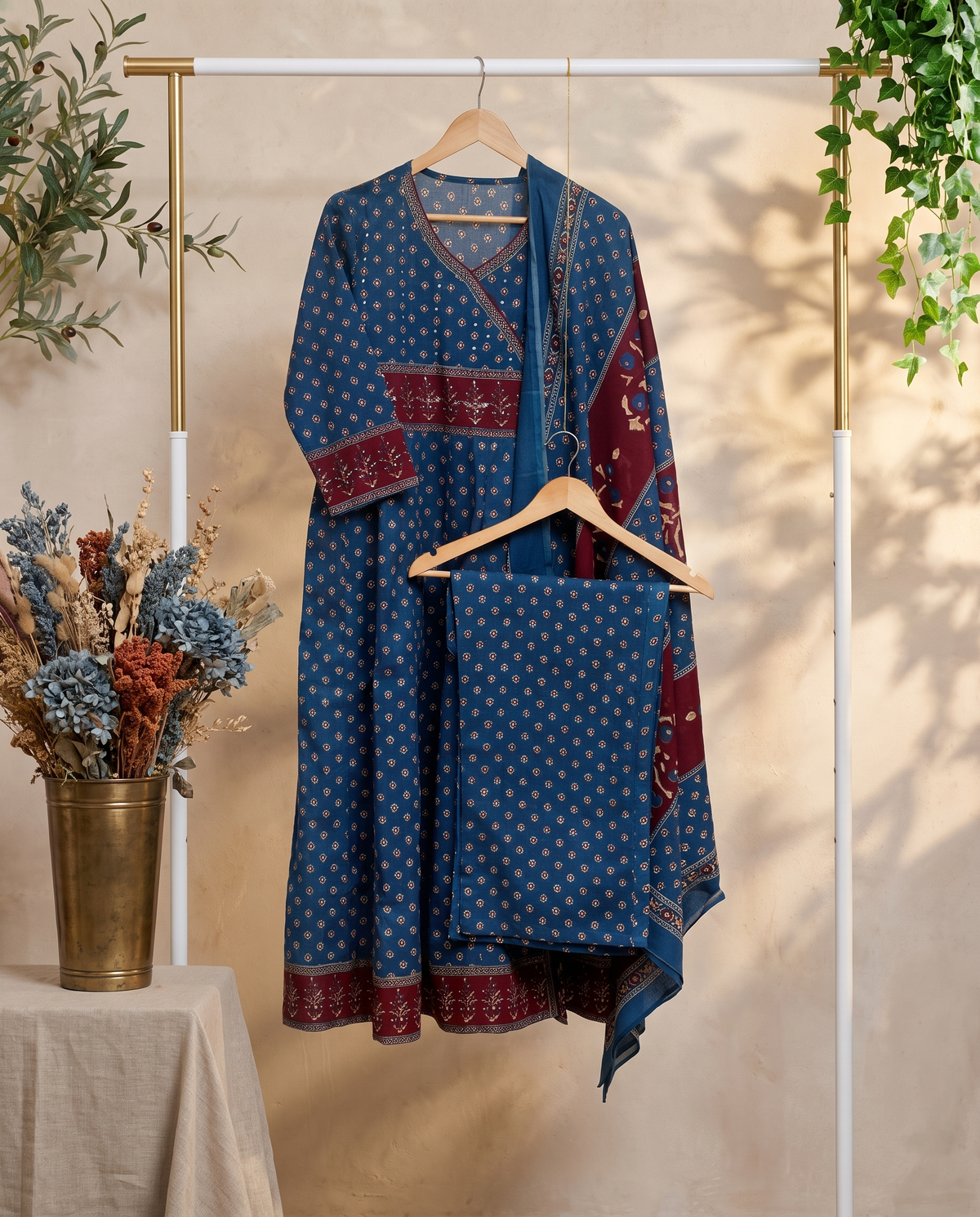 Sunehri Tashan — blue and maroon cotton angrakha suit with handblock prints — Ivory Hues, Indian ethnic wear Singapore